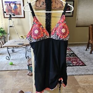Amazon Black Swimdress with Red and Pink Medallion Bust